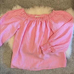 Vine & Love Pink and White Striped Seersucker Off the Shoulder Top